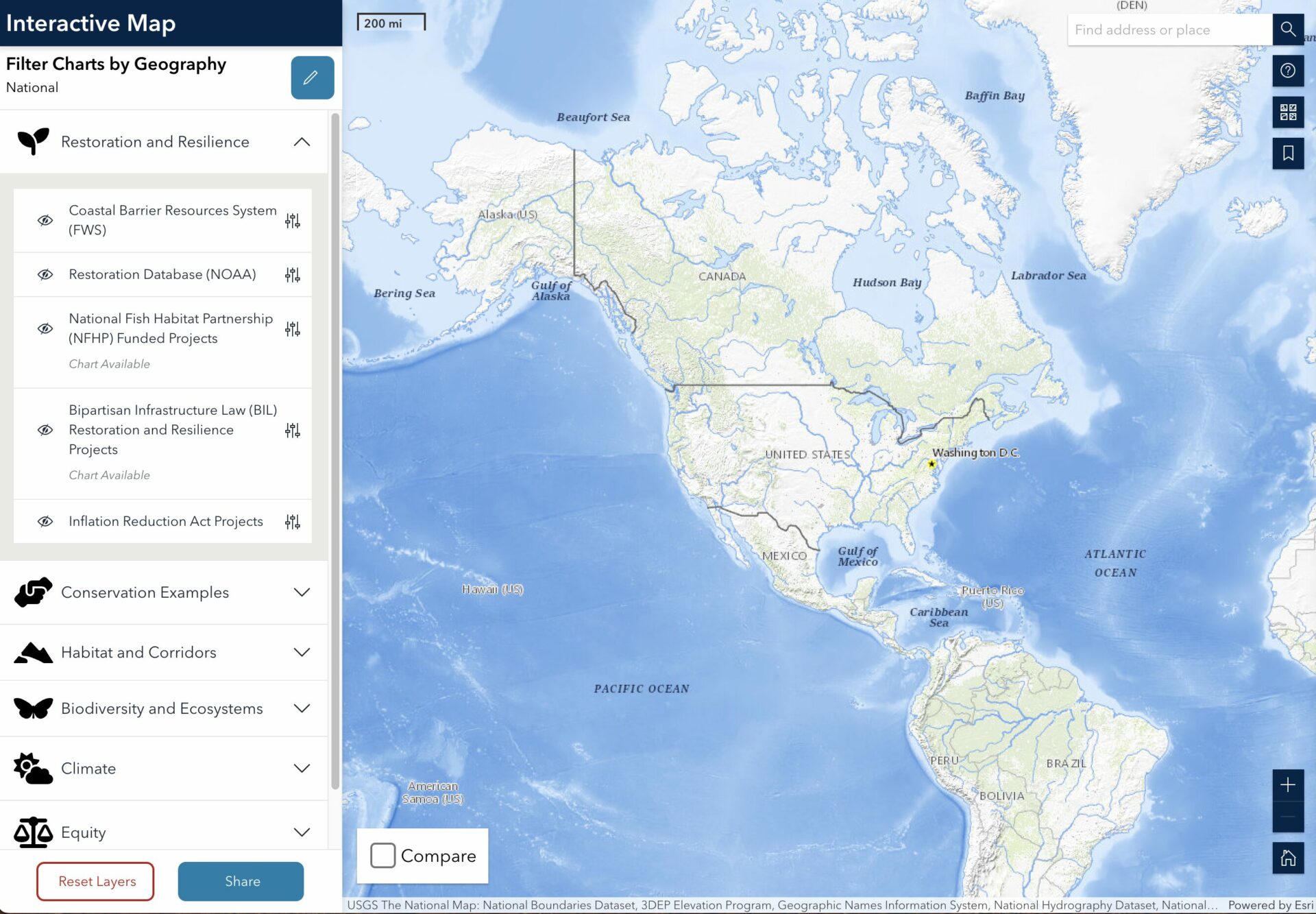 Image of Conservation.gov feature of the America the Beautiful initiative through an interactive map application. 